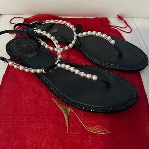 Rene Caovilla Black Sandals with Pearl Accents